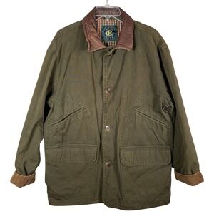 Club Room Chore Jacket Men Medium Olive Leather Collar Plaid Lined Utility Coat